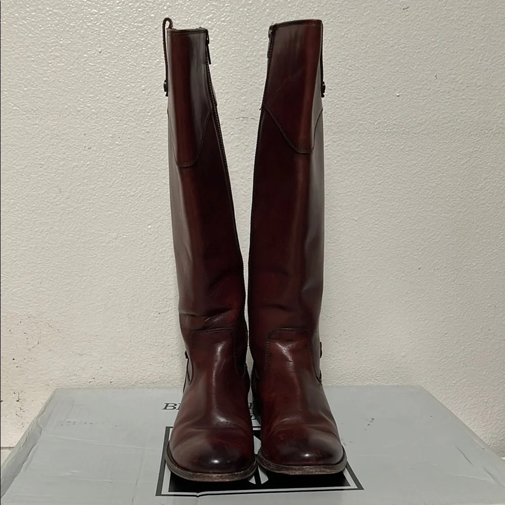 FRYE MELISSA BUTTON INSIDE ZIP COGNAC DISTRESSED LEATHER RIDING BOOT - Picture 3 of 10